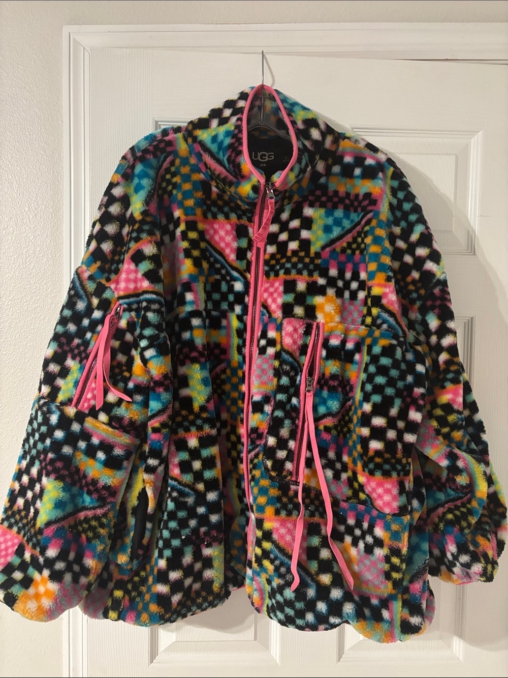UGG Marlene Faux Fur & Sherpa Full-Zip Jacket – 3X – Neon Geometric Cozy Luxe ✨